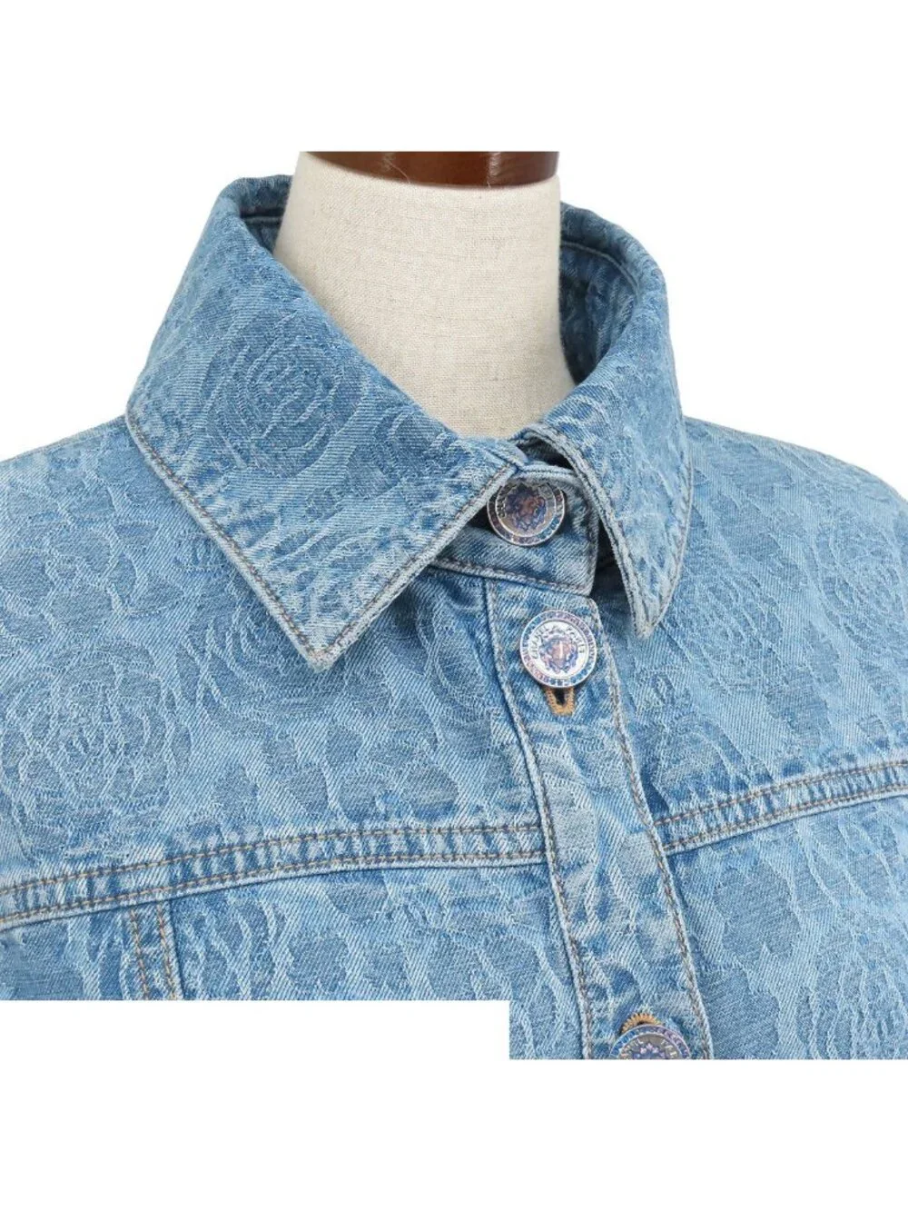 Chanel Denim Coat Blue Cotton Camellia Pattern Lion Button 23P Long Jacket 36
